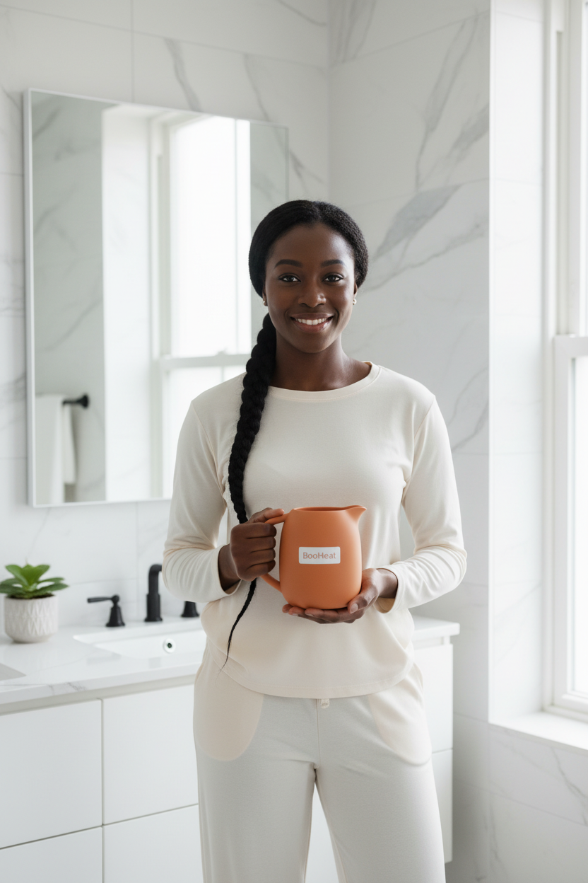 Black woman holding BooHeat rinse cup